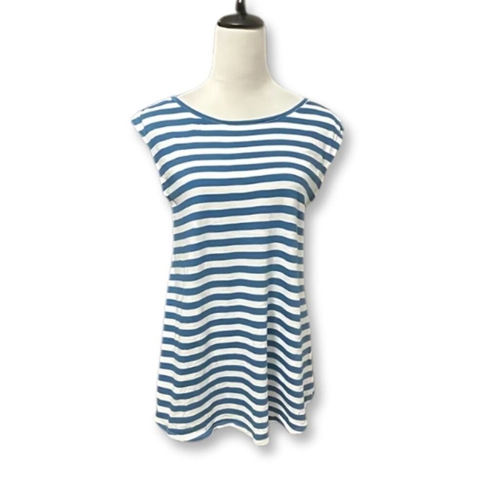 Caslon Cap Sleeves Blouse Round Neck Keyhole Striped Blue White Women's S NWOT